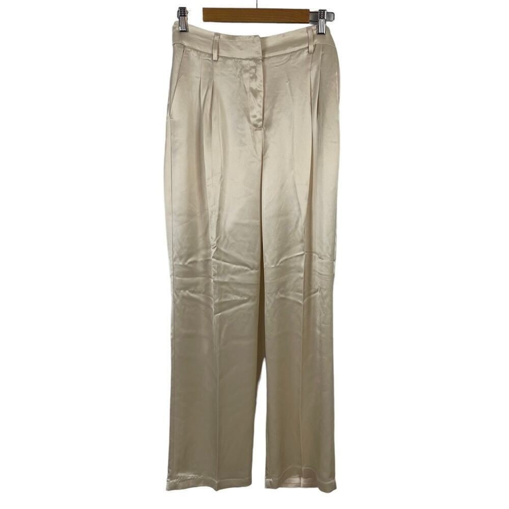 House of Harlow 1960 Pleated Champagne Satin Wide Leg High Waist Trousers Size 2